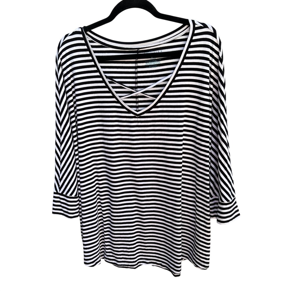 Boutique+ Womens 2X Black White Striped V-Neck Criss Cross 3/4 Sleeve Top